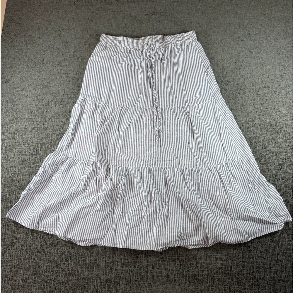 Talbots Womens Blue White Striped Tiered Maxi Skirt Small Seersucker Drawstring